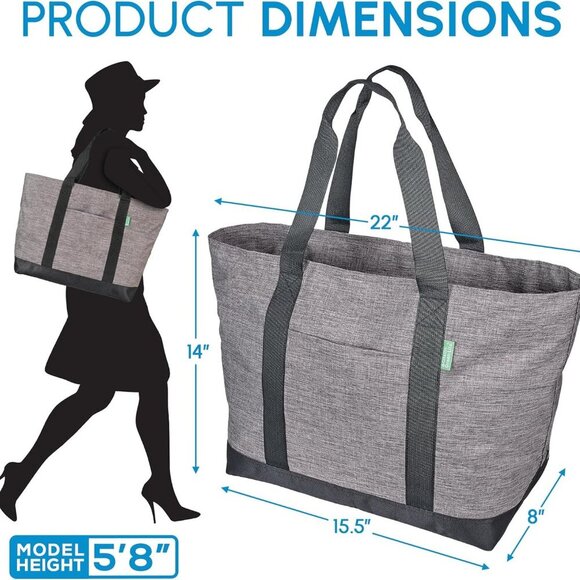 Large Tote Bag Women Men Canvas Polyester Zipper Organizer Work Travel - Picture 5 of 7